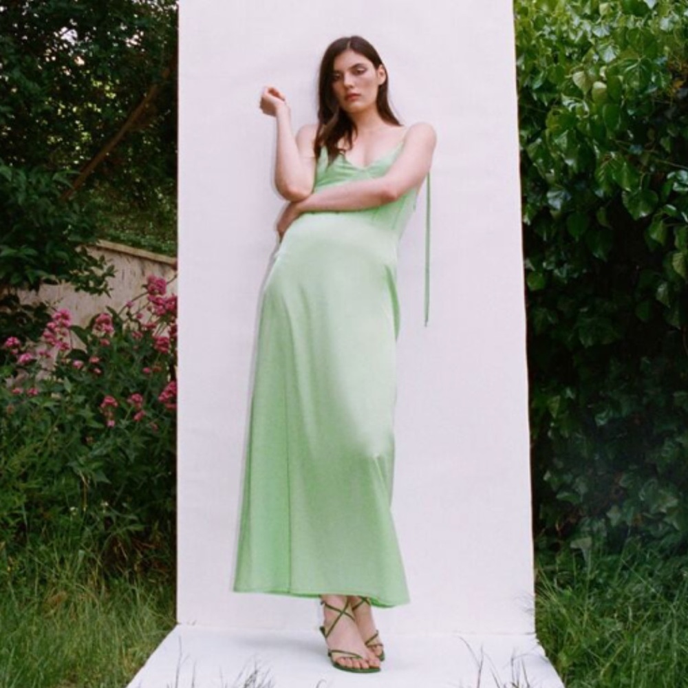 NWT Zara Satin Lime Green Bustier Maxi Dress